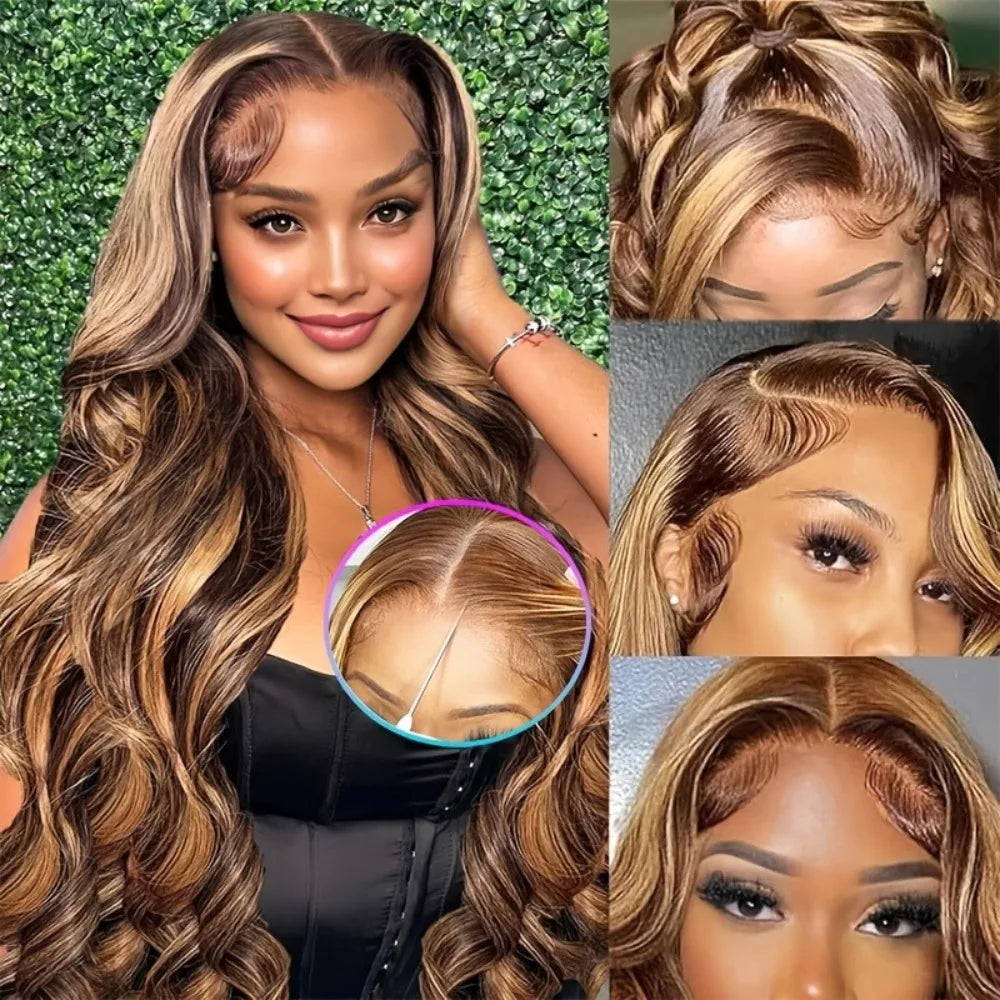 30 Zoll Honigblond Ombre Lace-Front-Perücke Echthaar 13x4 HD Lace-Front-Perücke 4/27 Highlight Ombre Body Wave Lace Frontal Ohne Kleber
