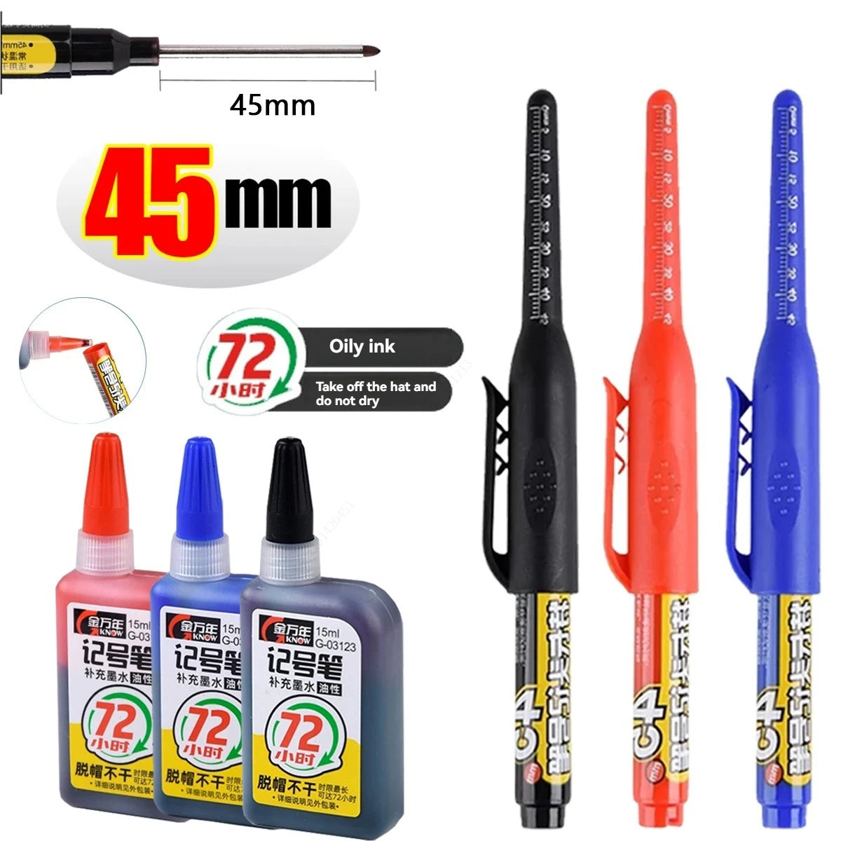 45mm Waterproof Long Head Nib Deep Hole Markers Pen Tile Carpenter Pen Multi-purpose for Woodworking Black/Blue/Red Ink