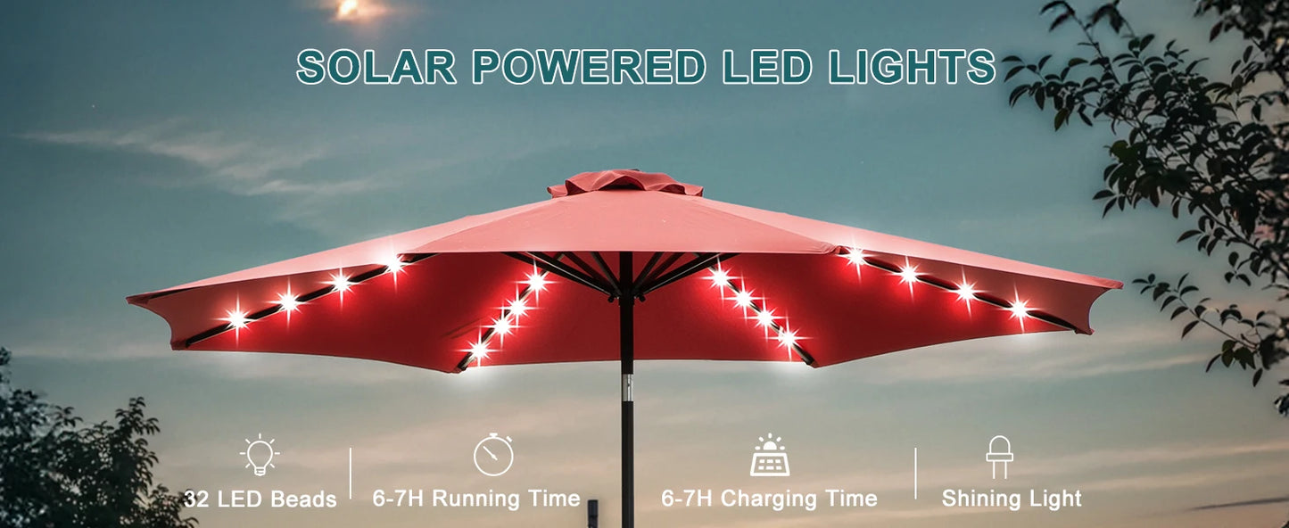JHK 3m Solar-Sonnenschirm mit 32 LED-Leuchten, UV-beständiger Gartenschirm mit Neigungs- und Kurbelfunktion für Garten und Terrasse