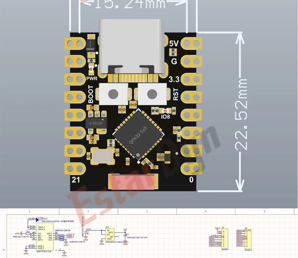 Carte de développement Estardyn ESP32-C3 MINI Carte de développement ESP32 SuperMini = Carte d'extension WiFi Bluetooth de carte de développement