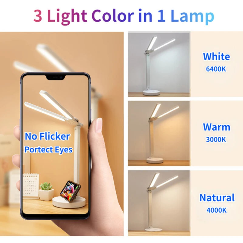LED Table Lamp Double-Headed USB Chargeable Dimmable Desk Lamp with Calendar Clock Foldable Eye Protection Reading Night Light