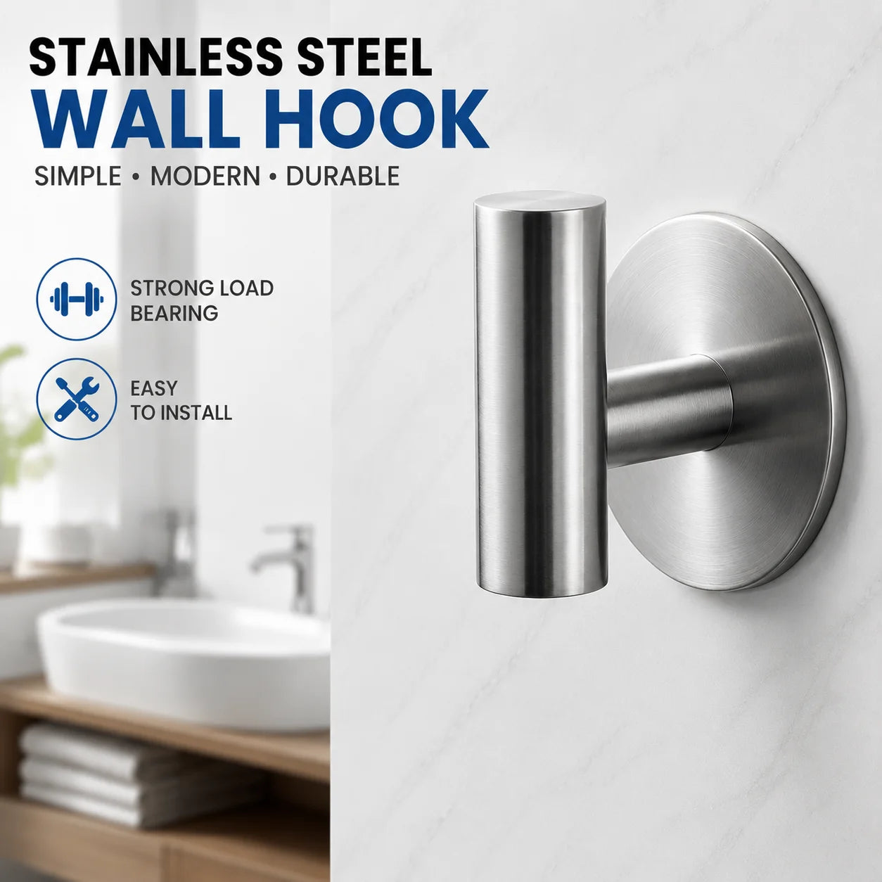Stainless Steel Robe Hook Adhesive Wall Hook Towel Hook for Bathroom Kitchen Garage Heavy Duty Wall Mounted Kitchen Hardware
