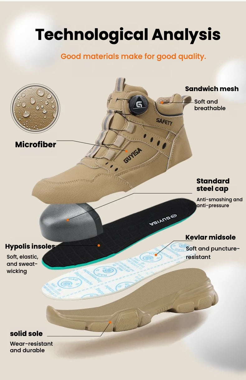 Men Steel Toe Safety Work Boots Anti-smash Puncture Proof Kevlar Midsole Waterproof Lightweight Industrial Shoes Rotary Buckle