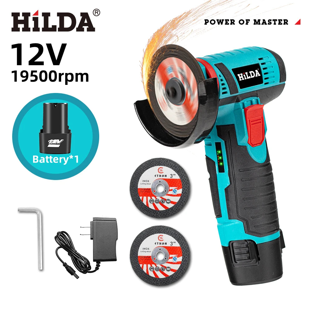 HILDA 3 inch Mini Angle Grinder 12v Cordless Power Tool For Cutting Diamond Polishing And Grinding Rechargeable Angle Grinder - Shoppiline