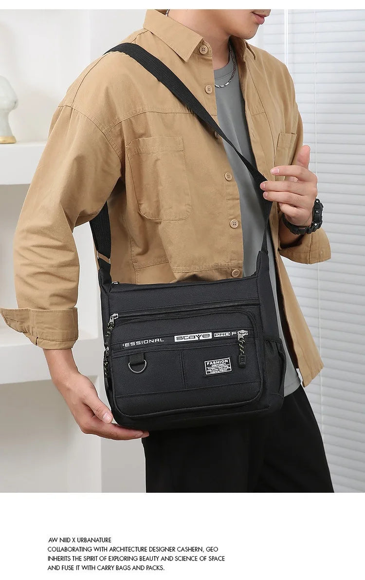 Men's cross-body bag with multi-layered pockets, adjustable shoulder strap, business single-shoulder bag