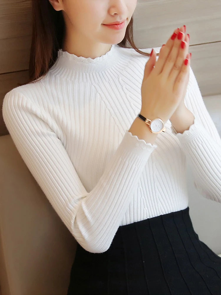 2026 Autumn Women Mock Neck Ruffles Sweater Long Sleeve Knitted Bottoming Solid Pullovers Stripe Women Casual Sweater Winter
