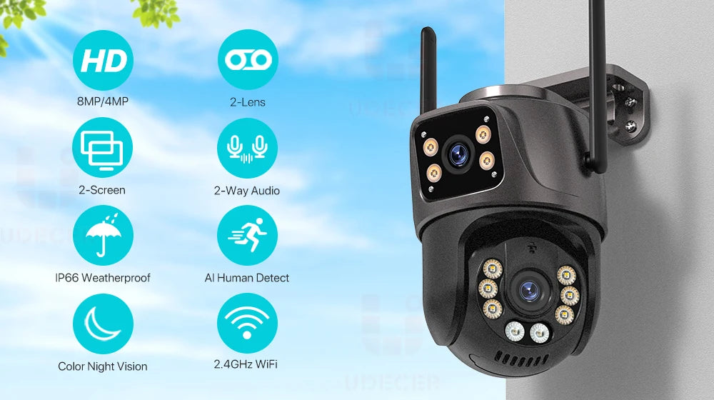 4K 8MP HD Wifi PTZ Camera Outdoor 4MP Dual Lens Dual Screen AI Auto Tracking IP Camera CCTV Audio Video Surveillance P2P iCSee - Shoppiline