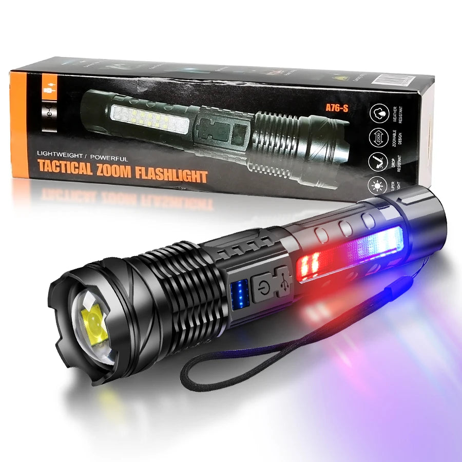Powerful XHP50 LED Flashlight Waterproof 18650 Torch With Side Light 7 Modes Camping Fishing Lantern USB Rechargeable Zoom Lamp