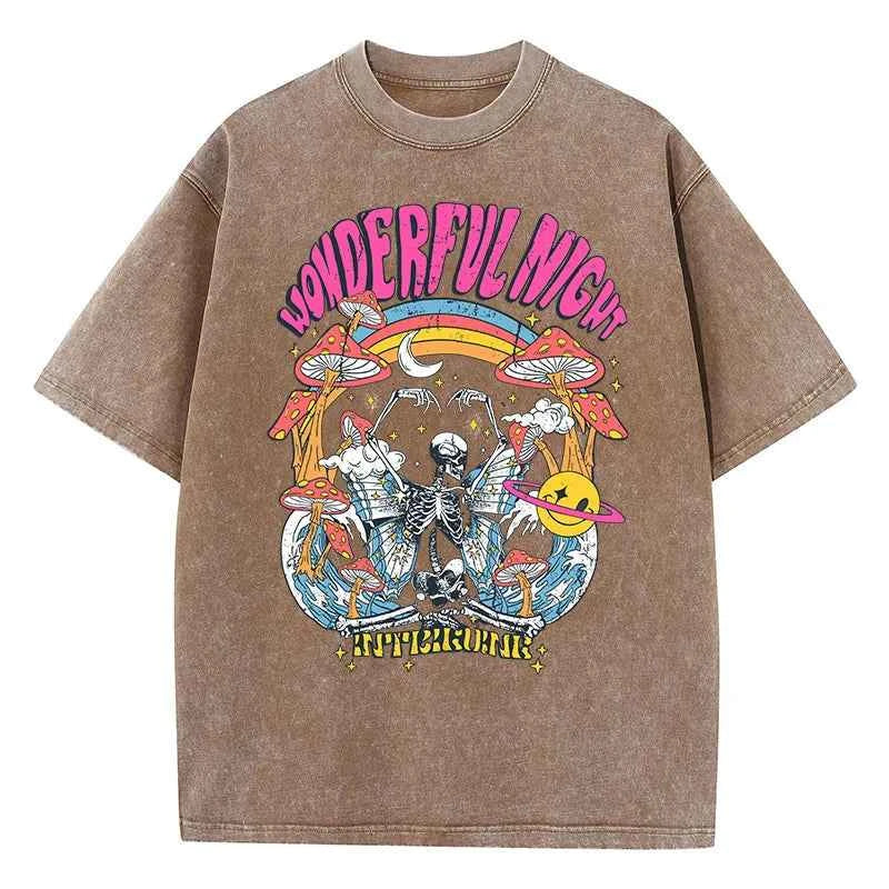 Wonderful Night Skeleton Butterfly Wave Print Womens T-Shirts Fashion Oversized Tops Street Comfortable Clothing Loose Wash Tee
