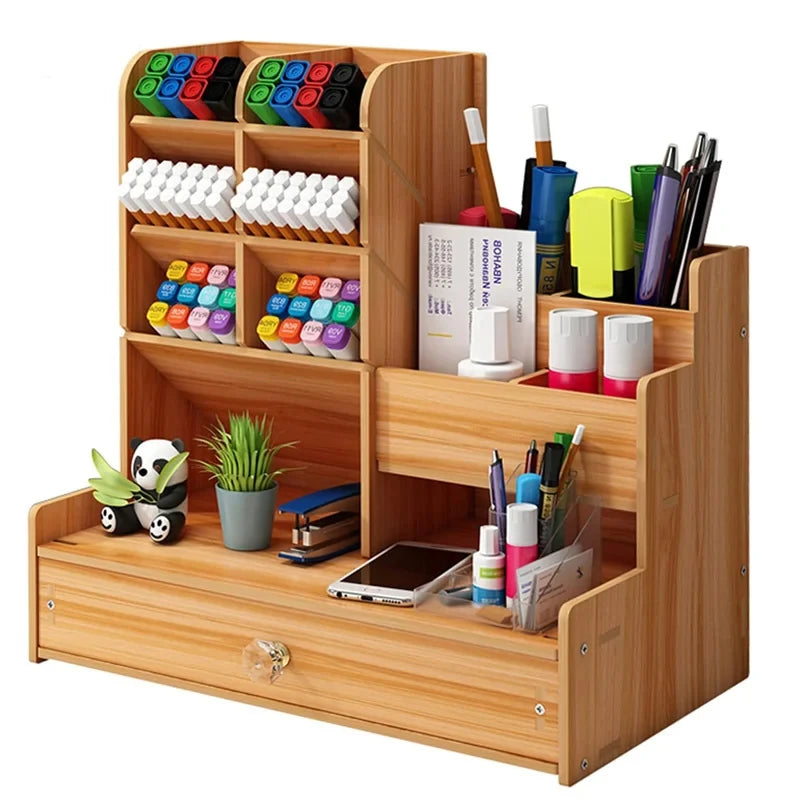 Wooden Desk Organiser DIY Desktop Tidy Pen Holder Large Capacity Stationery Storage Box with Drawer for Home Office and School - Shoppiline