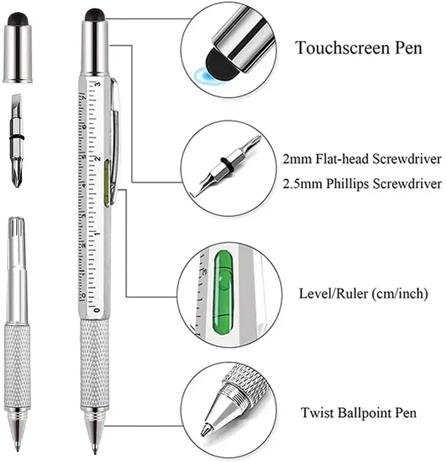 7 In1 Multifunction Ballpoint Pen with Modern Handheld Tool Measure Technical Ruler Screen Stylus Screwdriver Touch Spirit Level