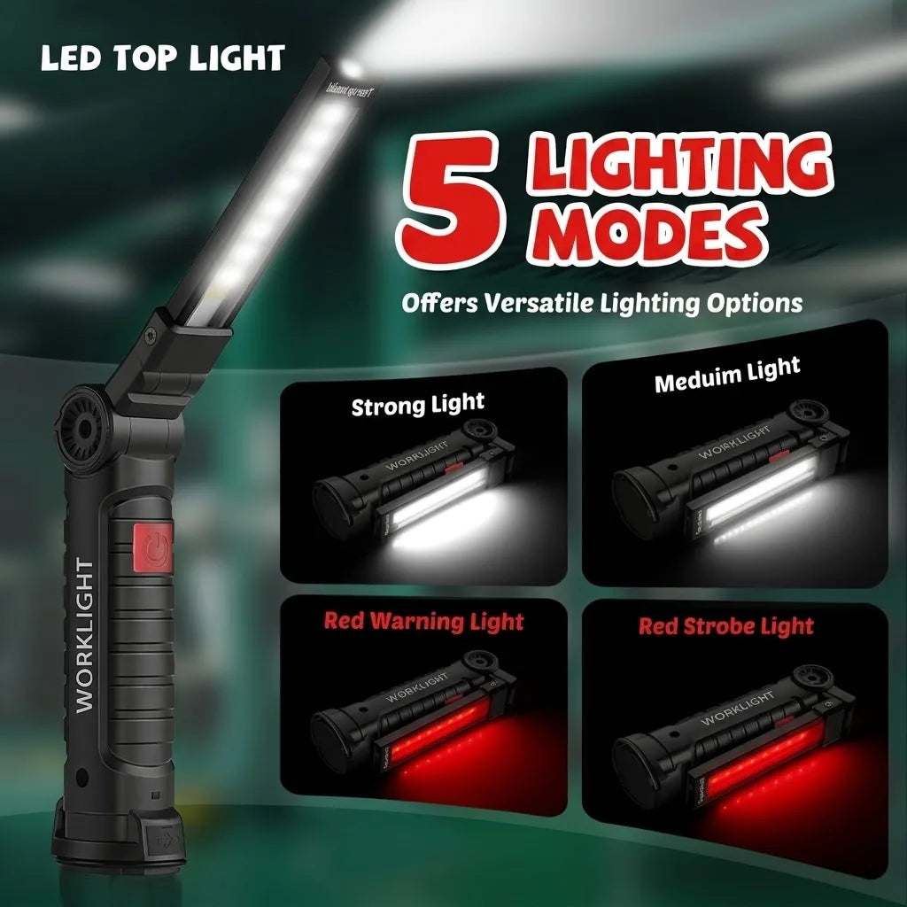 Rechargeable LED COB Work Light USB Magnetic Inspection Torch with Hook Dimmable Flashlight 18650 Battery Repair Camping Lantern