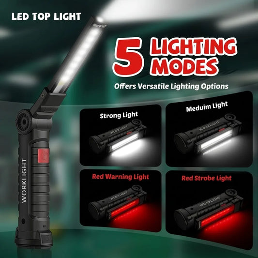Rechargeable LED COB Work Light USB Magnetic Inspection Torch with Hook Dimmable Flashlight 18650 Battery Repair Camping Lantern