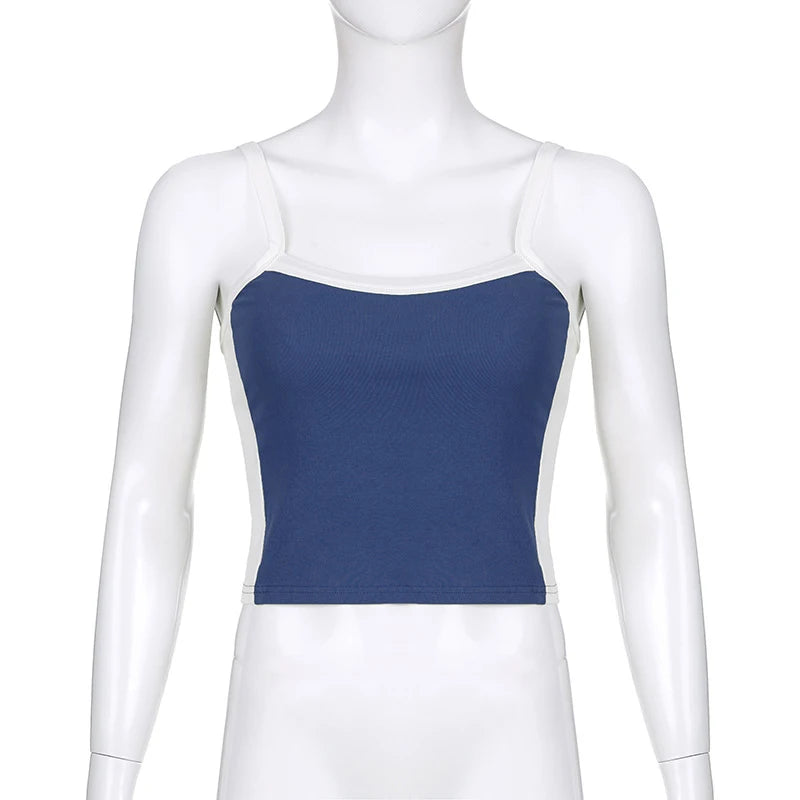 Débardeurs courts en maille sans manches Vert Sexy Basique Patchwork Été 2023 Casual Cami Dos nu Y2k Vintage Débardeur Femme