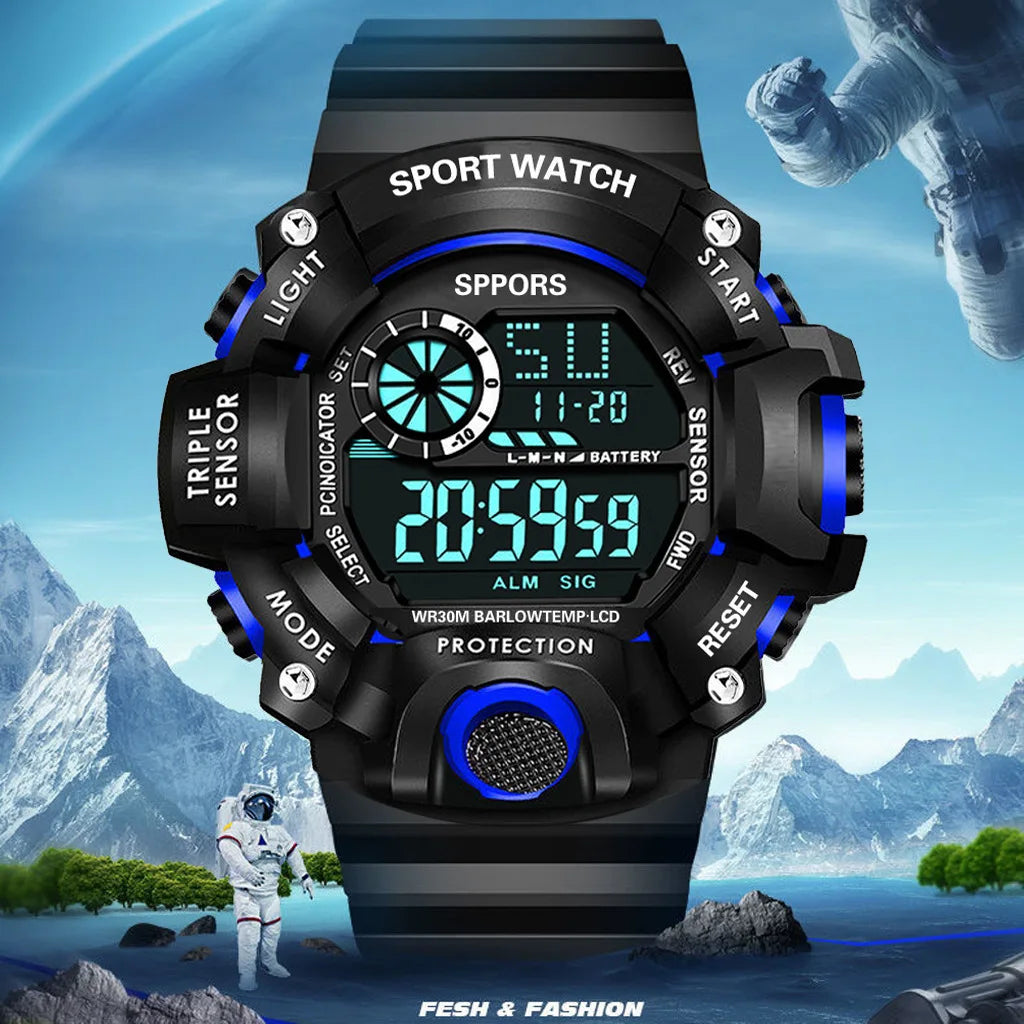 Mode Herrenuhr Sportliche elektronische Armbanduhr Großes Zifferblatt Multifunktional Wasserdicht Leuchtend Alarm Kinder Militäruhr für Herren