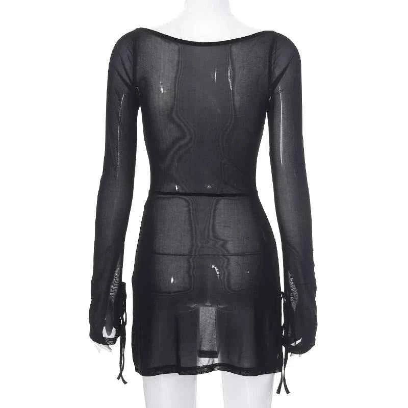 Women's Square Collar Mini Dress Y2K Gauze Long Sleeve Sheer Sexy Night Outfit Clubwear Solid Color