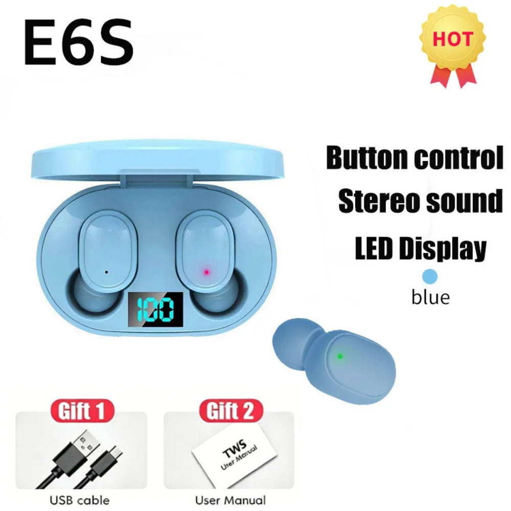 Digital Display Bluetooth Earphones with Mic TWS E6S Wireless Bluetooth Headset Noise Cancelling Headset for Xiaomi Huawei Oppo