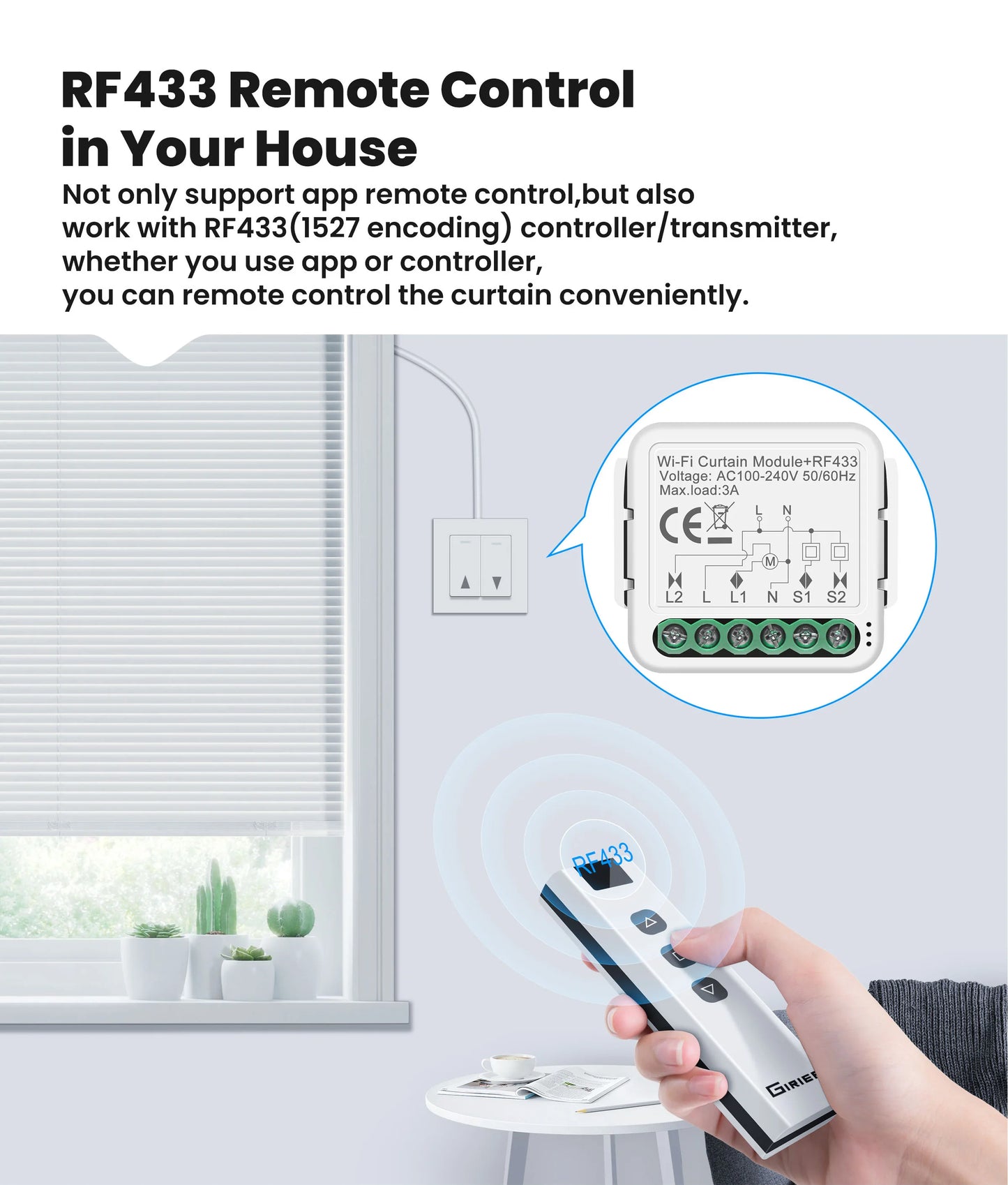GIRIER Tuya Smart Wi-Fi RF433 ZigBee Curtain Switch Module for Electric Roller Shutter Blind Motor 1/2CH Works Hey Google Alexa