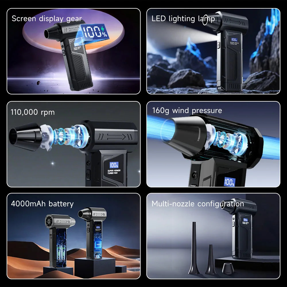 110,000 RPM 3-in-1 Blower: Dust Blower / Vacuum Cleaner / Fan + LED Light. 4-speed settings, ideal for computers