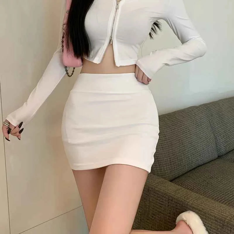 FREEAUCE Korean Girls Style Sexy Casual Pencil Mini Short Skirts High Waist Night Club Wear Black White Fashion Skirt for Woman