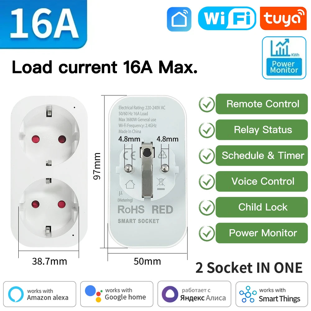 TNCE TUYA Smart Plug WiFi or Zigbee3.0 Socket EU 16A/20A Power Monitor Timing Function Voice Control Work With Alexa Google Home - Shoppiline