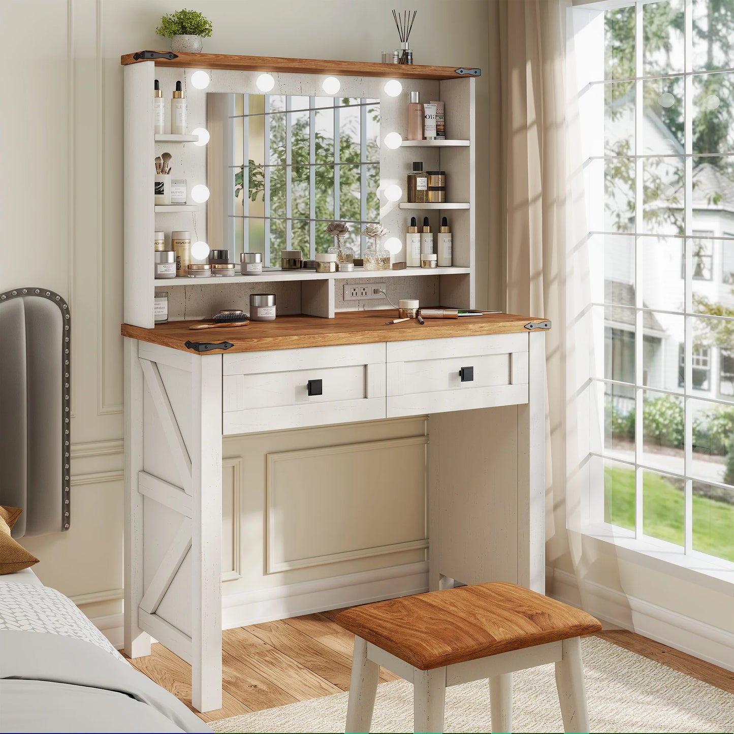 Petite coiffeuse avec miroir et lumières, en bois, avec tiroirs de rangement et station de charge, pour chambre de femme ou petit espace.