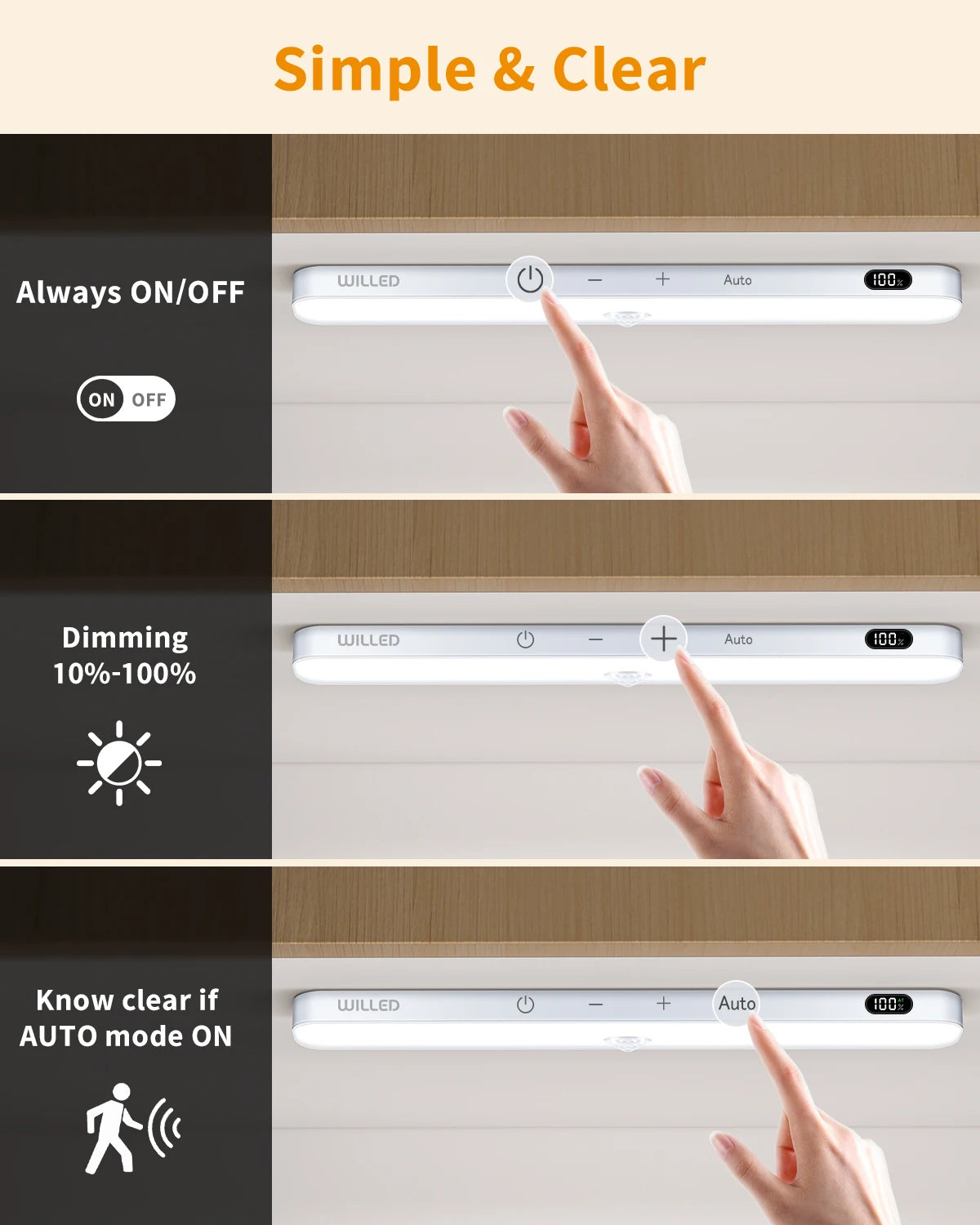 WILLED Under Cabinet Lights Rechargeable Battery Display 60 LED Touch Light Bar Motion Sensor Light Closet Light Night Lights - Shoppiline