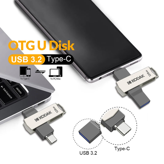 Original KODAK Double Nip Type C&USB Flash Drive 64GB 128GB 32GB Pendrive High Speed Memory Metal Stick For Smartphone Laptop