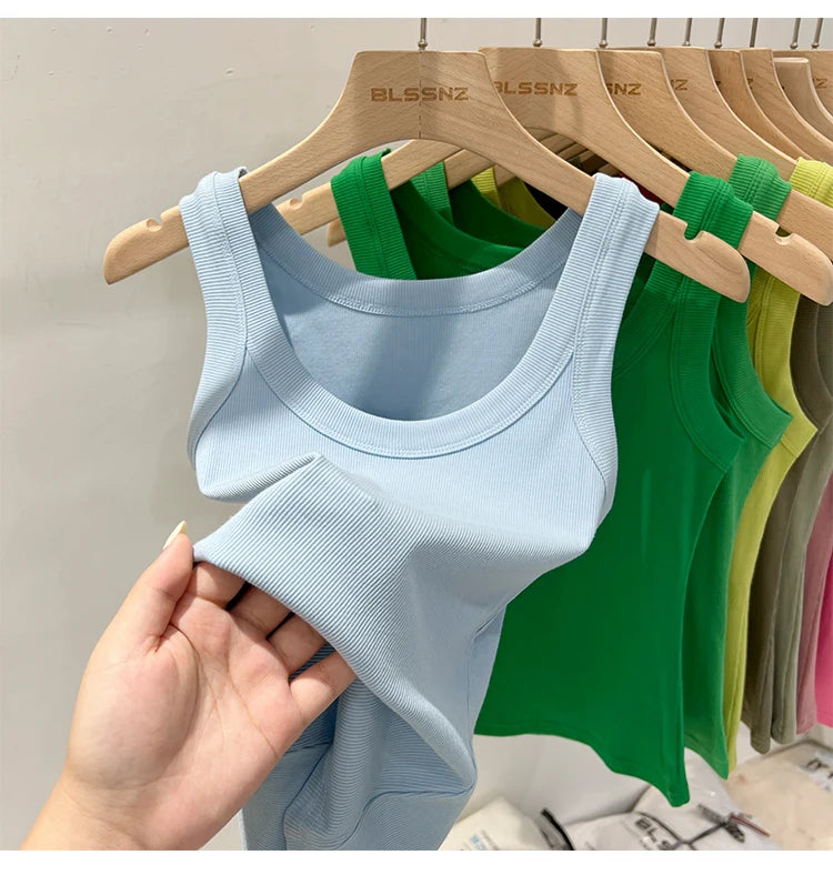 zjaiss Women Solid Round Neck Ribbed Tank Top Camisole Women 2026 Summer Basic Elastic Tank Top O Neck Solid Tank Top
