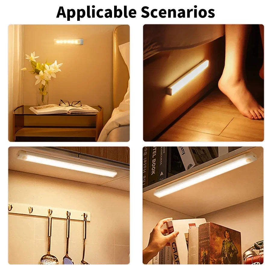 LED Motion Sensor Light Wireless Night Light Rechargeable Long Strip Bar Lamp for Kitchen Cabinet Wardrobe Bedside Staircase