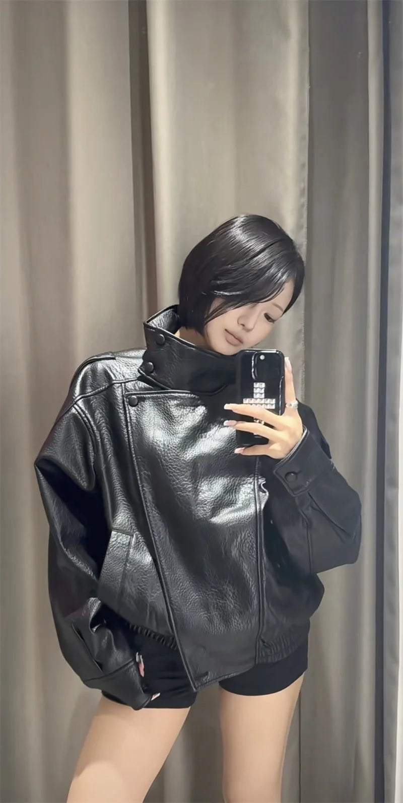 Women's Jacket 2026 Autunm  New Black Long Sleeve Pebble Faux Leather Jacket Motorcycle Style Personality Fashion
