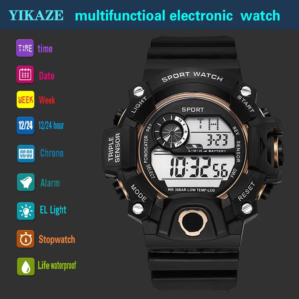 Mode Herrenuhr Sportliche elektronische Armbanduhr Großes Zifferblatt Multifunktional Wasserdicht Leuchtend Alarm Kinder Militäruhr für Herren