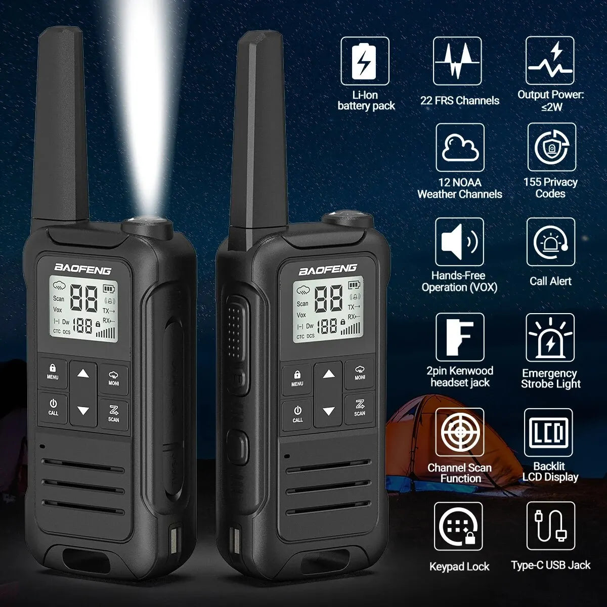 2pcs Baofeng F22 Mini Walkie Talkie PMR Long Range Rechargable Portable Kids Two Way Radio Type-C Charger for Camping Trip - Shoppiline