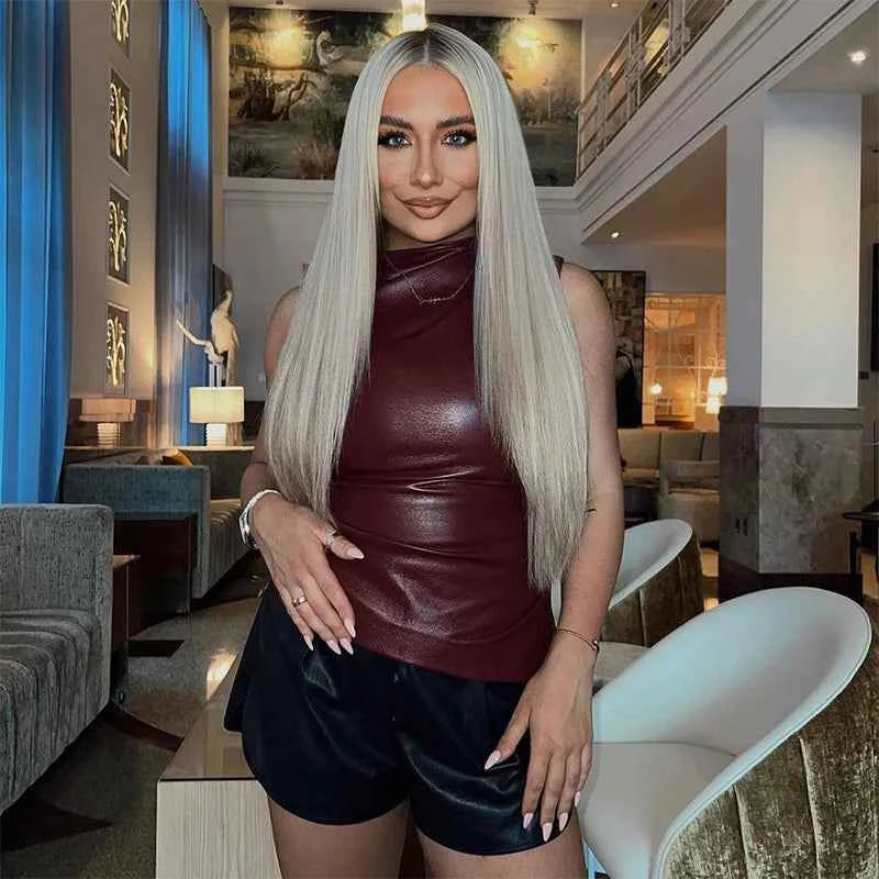 Burgundy Leather Tops Women Fashion Ruched Bodycon Crop Top Summer Sexy Sleeveless Irregular Night Club Party Tanks 2024 Black