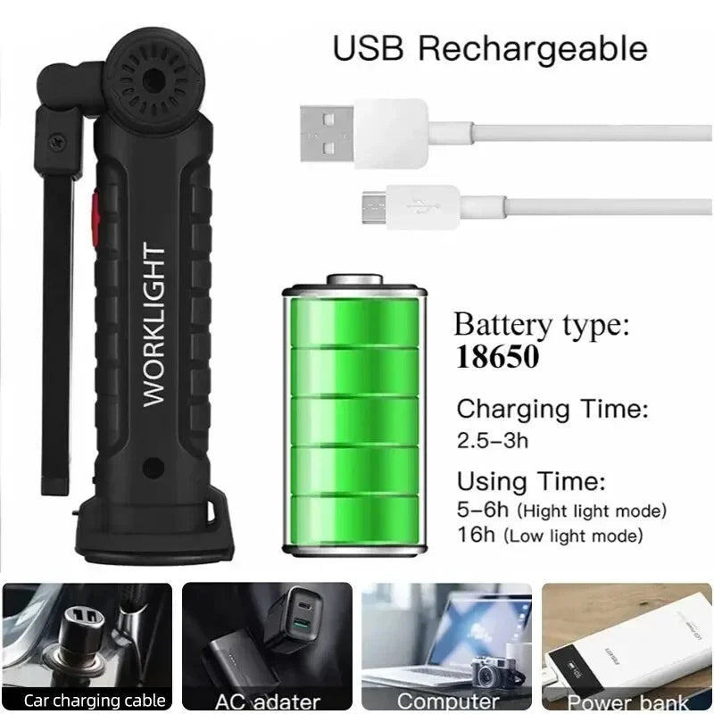 USB Rechargeable LED Camping Flashlight with Magnet And Hook Waterproof Work Light 3 Lighting Modes Suitable for Night Work