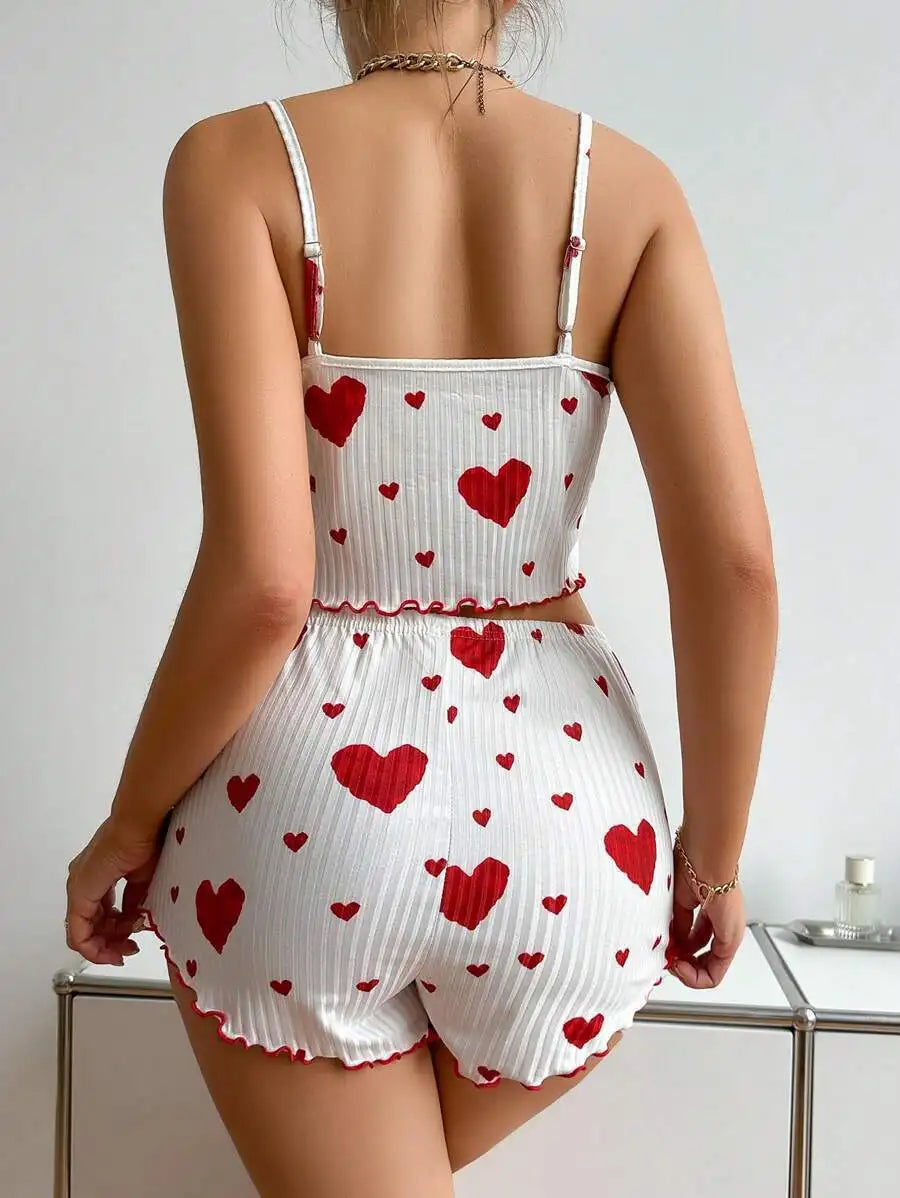 Ensemble de pyjama pour femme 2 pièces : débardeur court et short - Tailles S M L - Blanc - Aéré, doux, décontracté, motif Love