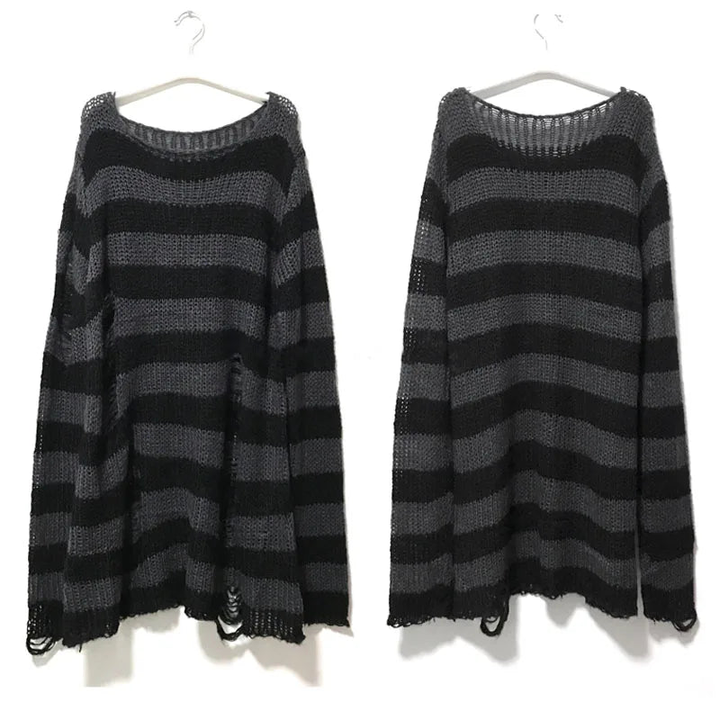 Nouveau Pull Long Unisexe Punk Gothique Été Femme Rayé Cool Creux Trou Cassé Pull Ample Rock Fin Sombre Streetwear Top