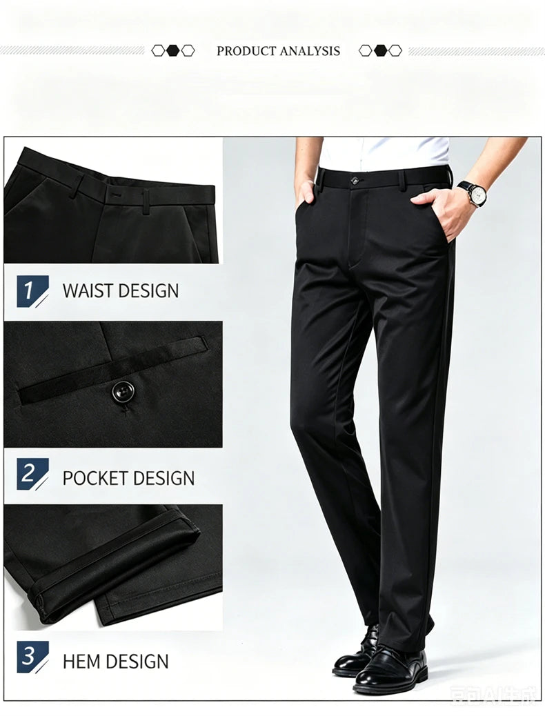 Mens Summer Stretch Straight Leg Business Dress Pants Breathable High Drape Trousers for Business Events