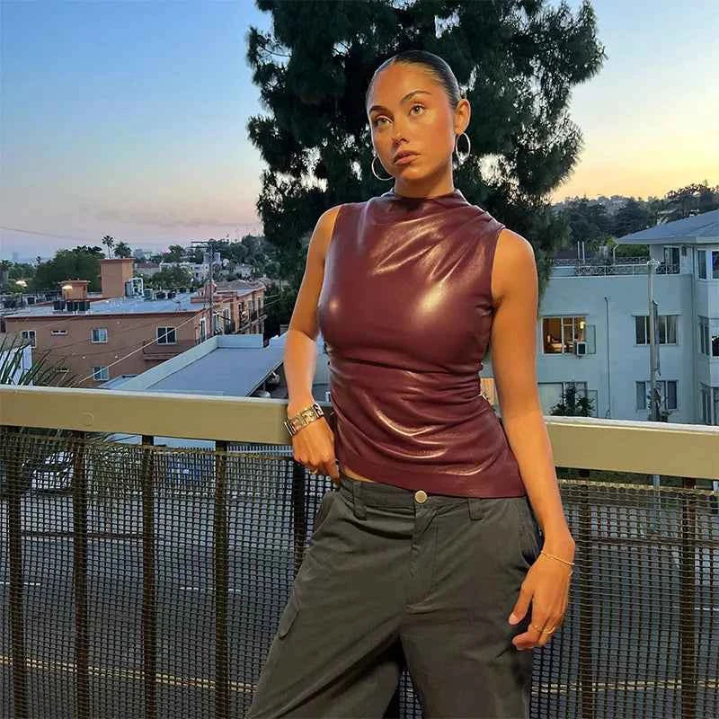 Burgundy Leather Tops Women Fashion Ruched Bodycon Crop Top Summer Sexy Sleeveless Irregular Night Club Party Tanks 2024 Black