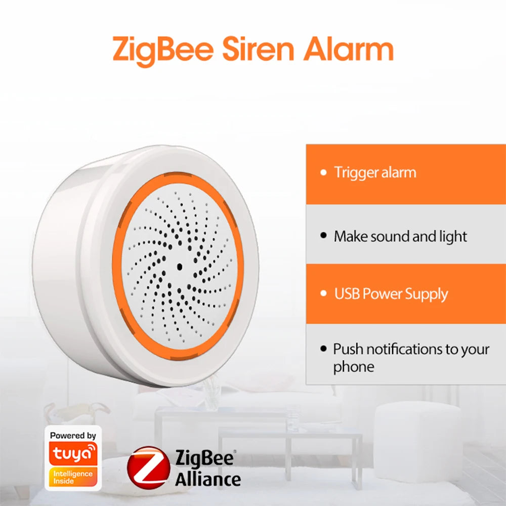 Coolcam Tuya Zigbee Smart Siren Alarm For Home Security with Strobe Alerts Support USB Cable Power UP Works With TUYA Smart Hub - Shoppiline