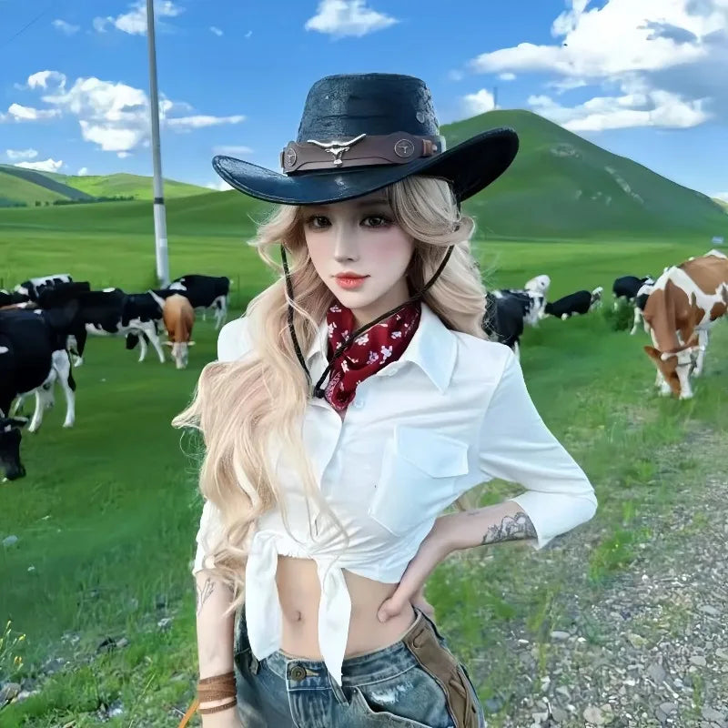 New Western Cowboy Knight Hat Head Retro Outdoor Travel Flat Top Knight Hat Party Hats Cowboy Accessories Men and Women