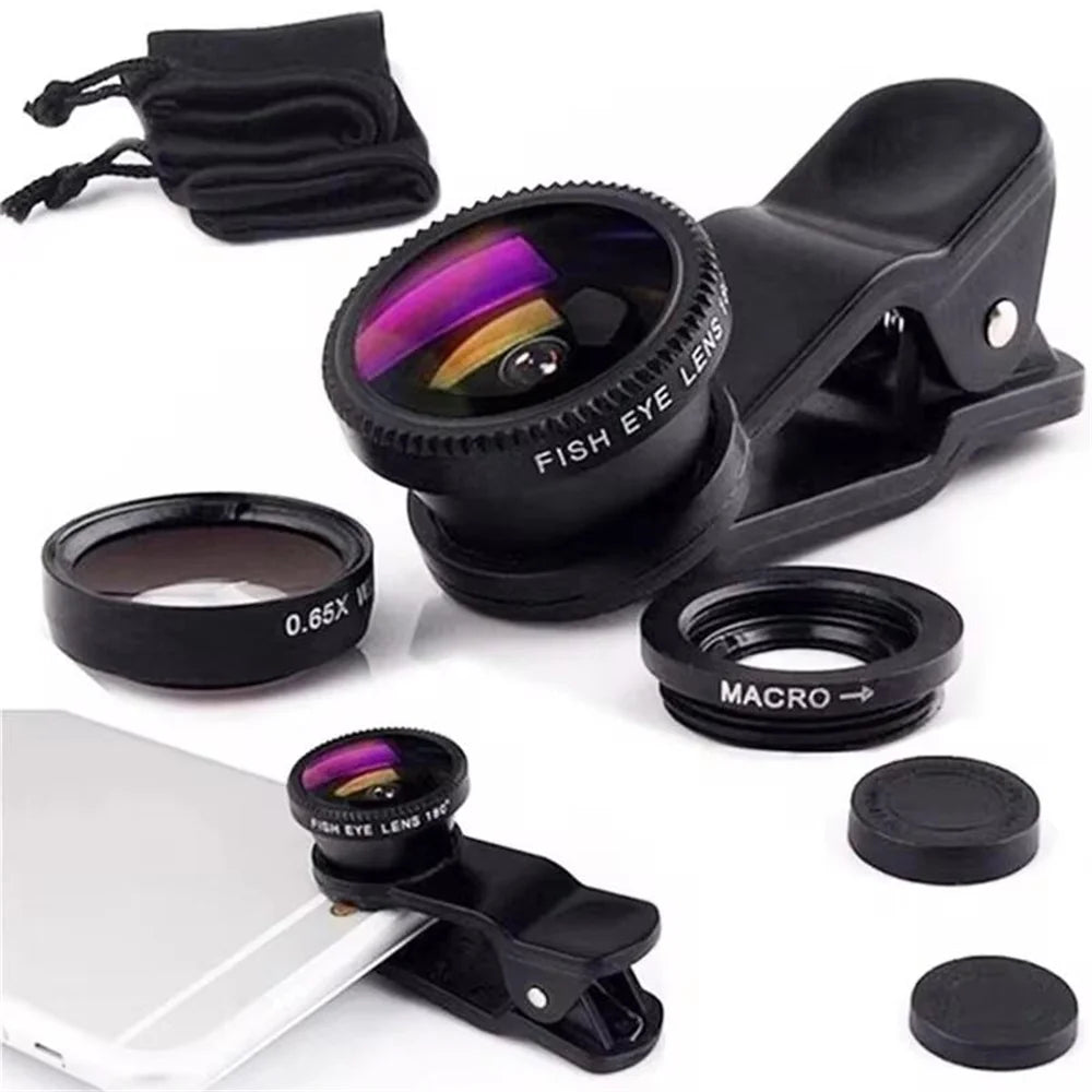 Objectif 3 en 1 Fisheye Grand Angle Zoom 0,67X Macro pour Téléphone Kits d'Objectifs Caméra pour Smartphone Objectif Zoom Fisheye avec Clip Téléphone