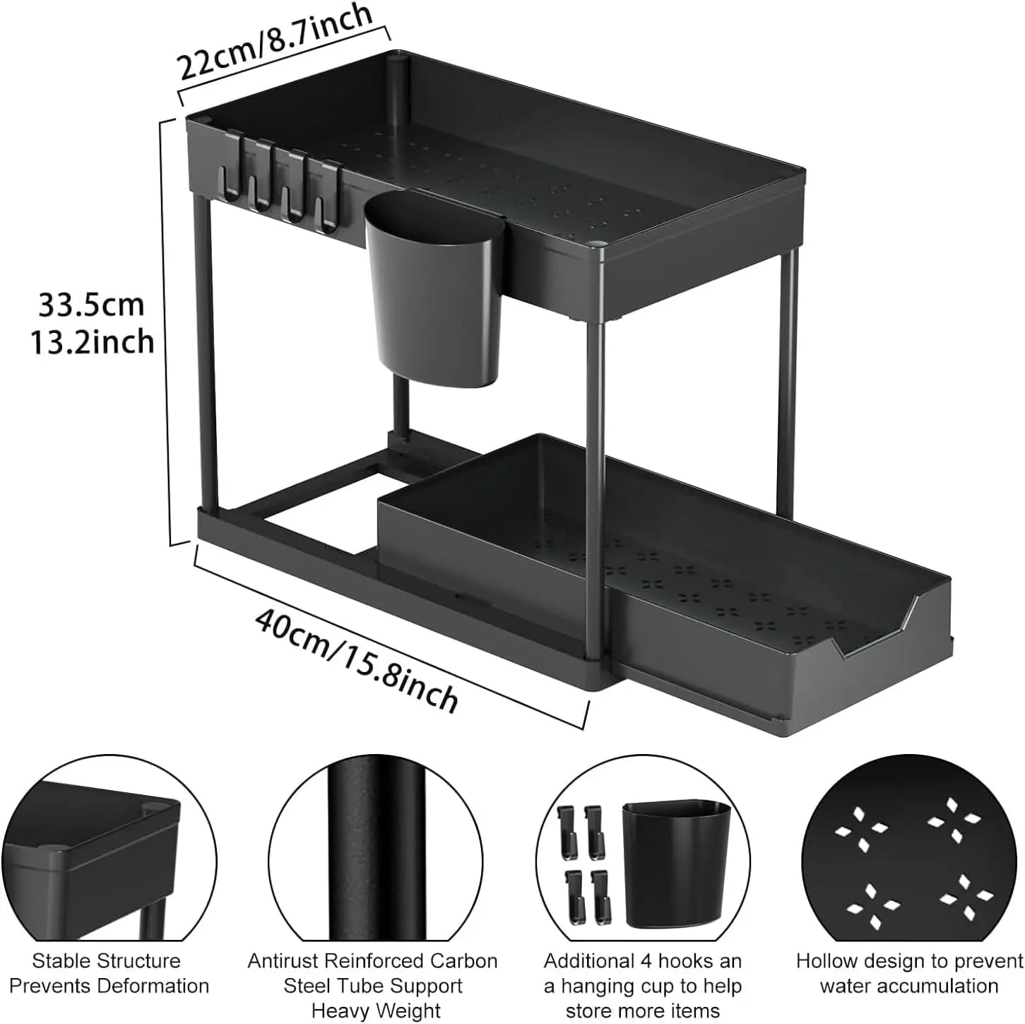 Under Sink Organizers 2 Tier Under Bathroom Cabinet Holder with Hooks & Hanging Cup, Multi-Purpose Storage Shelf for  Kitchen - Shoppiline