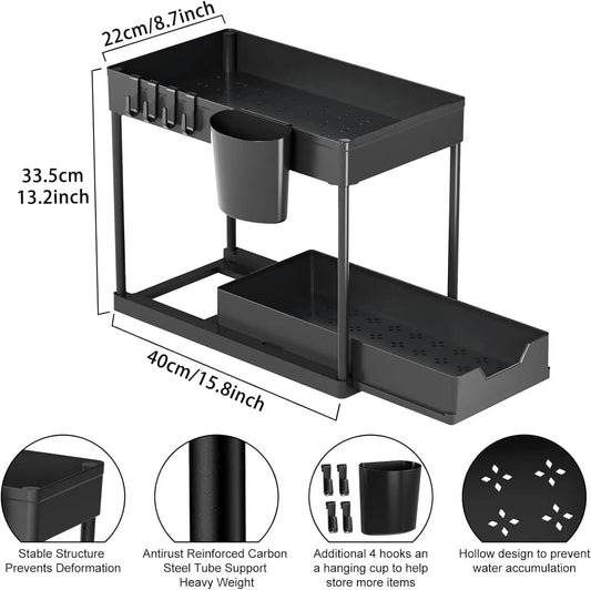 Under Sink Organizers 2 Tier Under Bathroom Cabinet Holder with Hooks & Hanging Cup, Multi-Purpose Storage Shelf for  Kitchen - Shoppiline