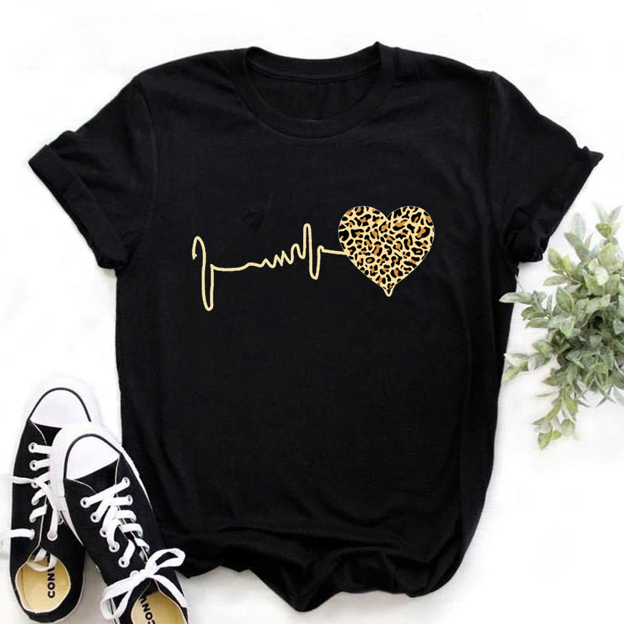 T-shirt d'été, motif léopard, style années 90, manches courtes, imprimé cœur, vêtements Harajuku, pour femme, livraison directe