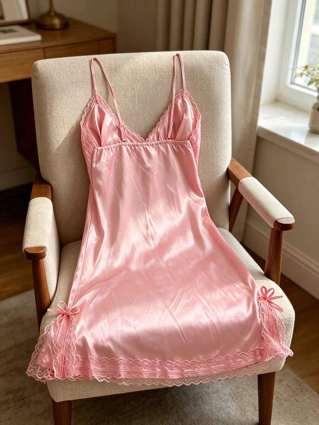 Women Satin Nightgown Lace Trim Spaghetti Strap V Neck Mini Slip Dress Soft Sleepwear Home Pajama Dress