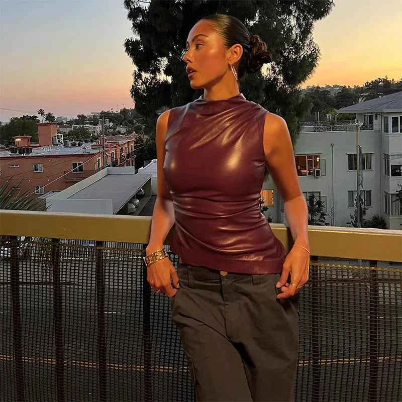 Burgundy Leather Tops Women Fashion Ruched Bodycon Crop Top Summer Sexy Sleeveless Irregular Night Club Party Tanks 2024 Black