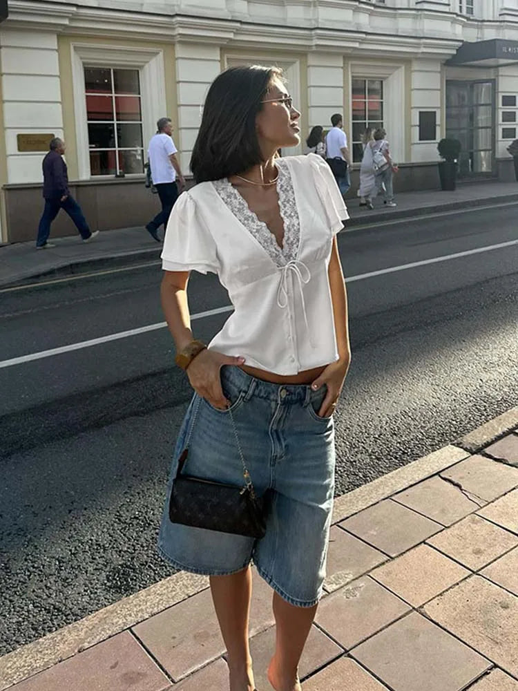 Women Solid Lace Tops V-Neck Short Sleeves Satin Slim Regular Streetwear Tees Female Summer Pure Desire Hot Girl T Shirts 2026