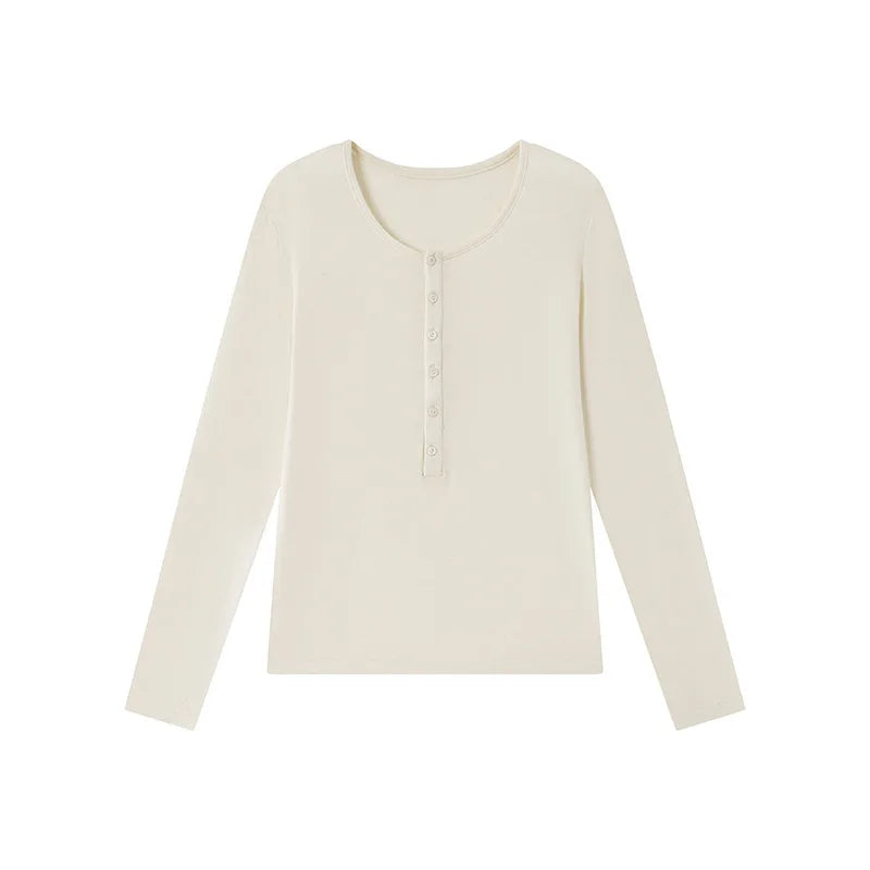 Silk Wool Basic Shirt For Women Autumn Winter Round Button Neck Slim Knitwear, Solid Color Striped Long Sleeve Top