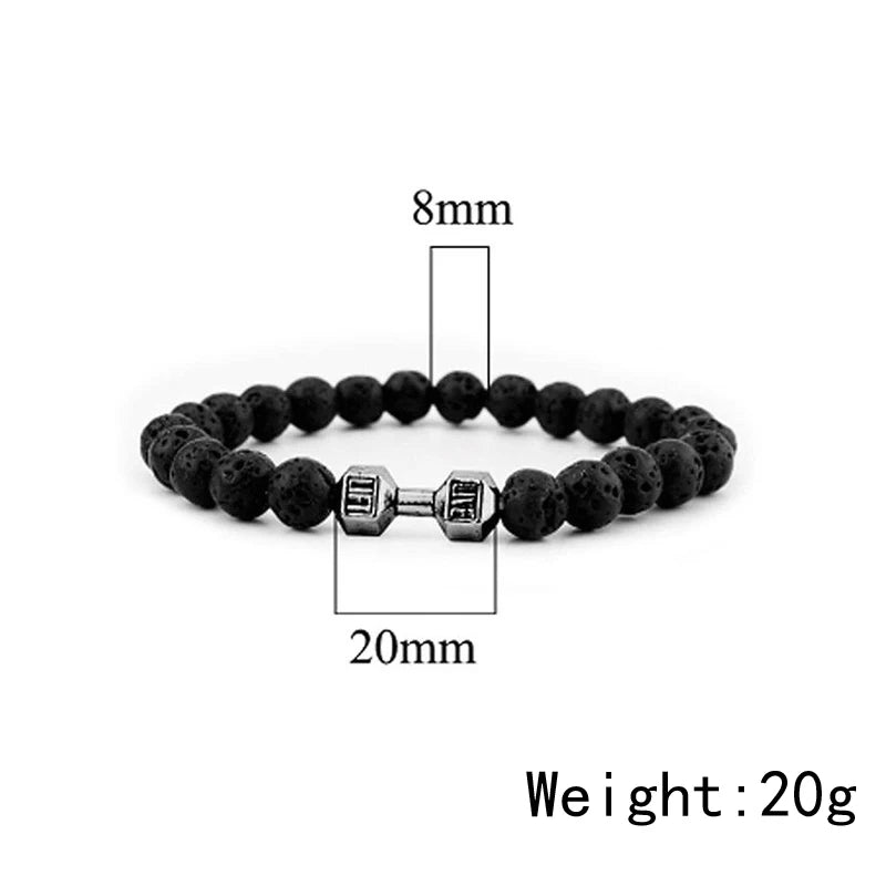 Natural Black Volcanic Lava Stone Dumbbell Bracelet Black Matte Beads Bracelets For Women Men Fitness Barbell Jewelry Pulseras